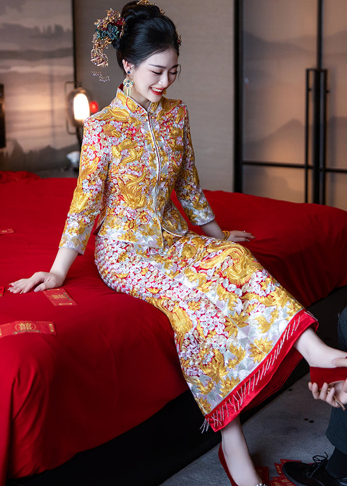 Winter Longfeng Gua Bridal Outfit | Heavy-Embroidery Xiuhe Two-Piece