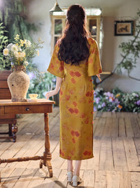 Mustard Yellow Ink-Wash Floral Qipao Dress | Mandarin Collar Frog Buttons