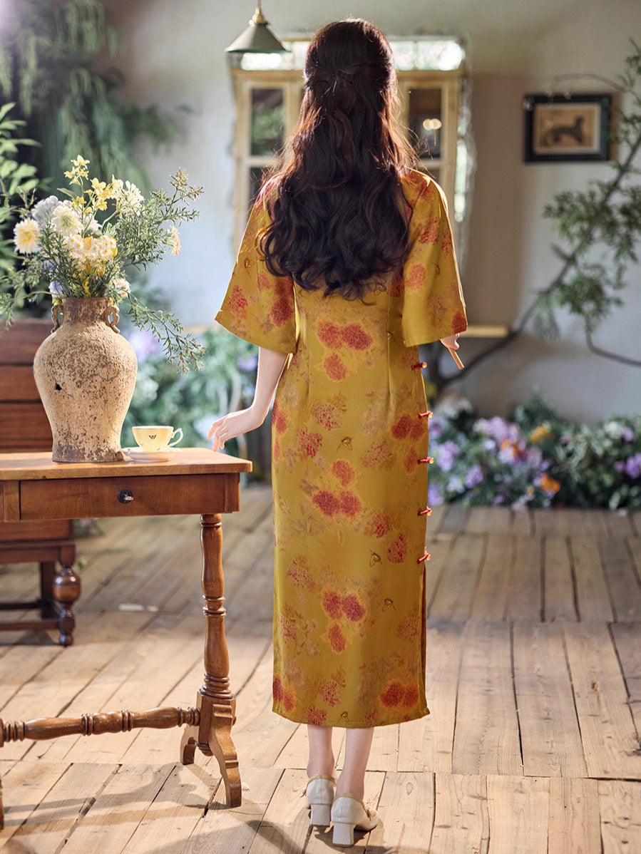 Mustard Yellow Ink-Wash Floral Qipao Dress | Mandarin Collar Frog Buttons