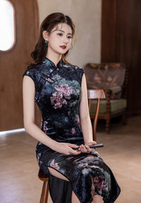 Black Vintage Floral Qipao Maxi | Mandarin Collar & Frog Buttons