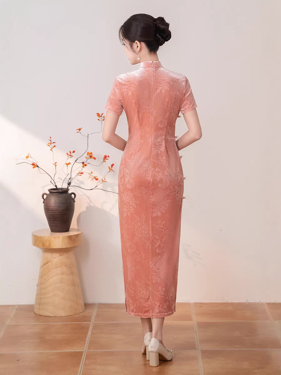 Pink Jacquard Short Sleeve Qipao Dress | Mandarin Collar Slim Midi Cheongsam