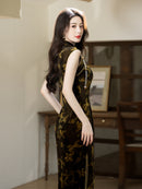 Olive-Green Floral Modern Qipao Midi | Sleeveless Mandarin Neck