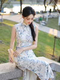 Chinese Vintage Bamboo Leaf Print Qipao | Elegant Slim-Fit Dress