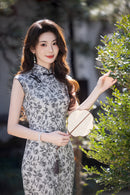 Vintage Floral Qipao Sleeveless Long Dress | Cool Grey-Black Leaf Motif