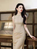 Cream Open-Knit Qipao Dress | Sleeveless Slim Midi