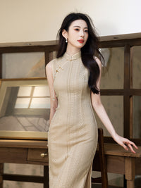 Cream Open-Knit Qipao Dress | Sleeveless Slim Midi