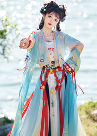 Sheer Shawl Hanfu Set | Embroidered Jacket & Chest-High Skirt