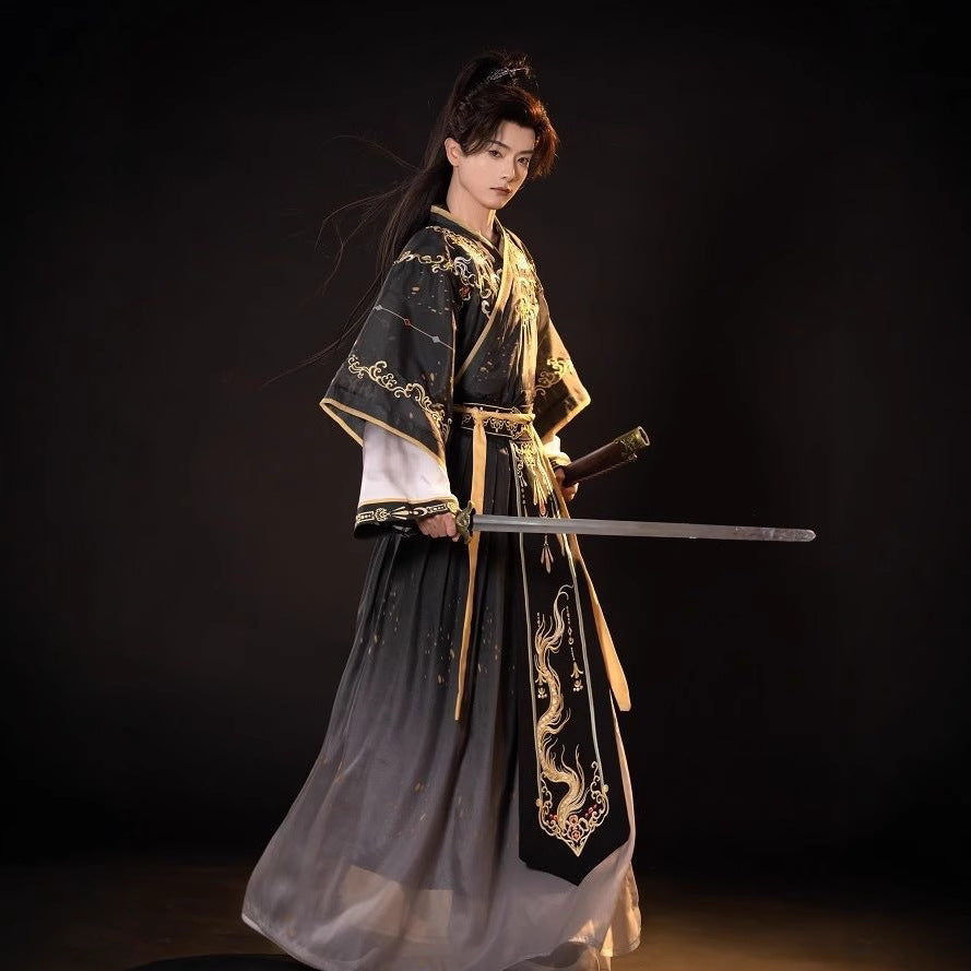 Traditional Black Hanfu for Men – Martial Arts Inspired Robe with Sword Belt