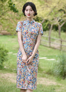 Fresh Multicolour Floral Short Qipao Dress | Summer Short Sleeve Mandarin Collar Slim Midi Cheongsam