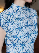 Spring Elegant Qipao Midi | Ice-Blue Geometric Print
