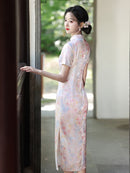 Light Pink Floral Print Qipao Dress | Short Sleeve Midi Look