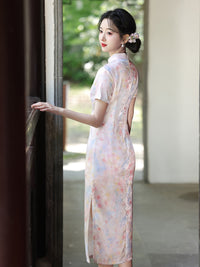 Light Pink Floral Print Qipao Dress | Short Sleeve Midi Look