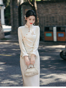 White Gold-Embroidered Winter Modern Qipao Elegant for Work & Banquets