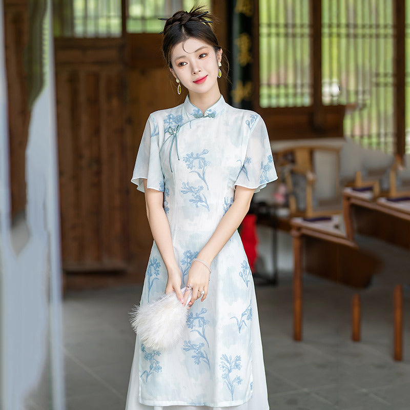 Blue Floral Collar Daily Qipao Dress | Elegant Flowing Dress For Summer