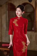 Crimson Bamboo-Embroidered Modern Qipao Midi | Mandarin Collar with Beaded Button