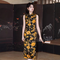 Black Base Golden Rose Print Sleeveless Qipao Dress | Mandarin Collar Slim Midi Cheongsam