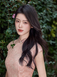 Pink Floral Lace Jacquard Qipao Maxi Dress | Mandarin Collar Slim Slit Cheongsam