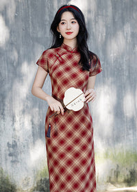 Vintage Red Plaid Qipao | Slim Mandarin Collar Maxi Dress