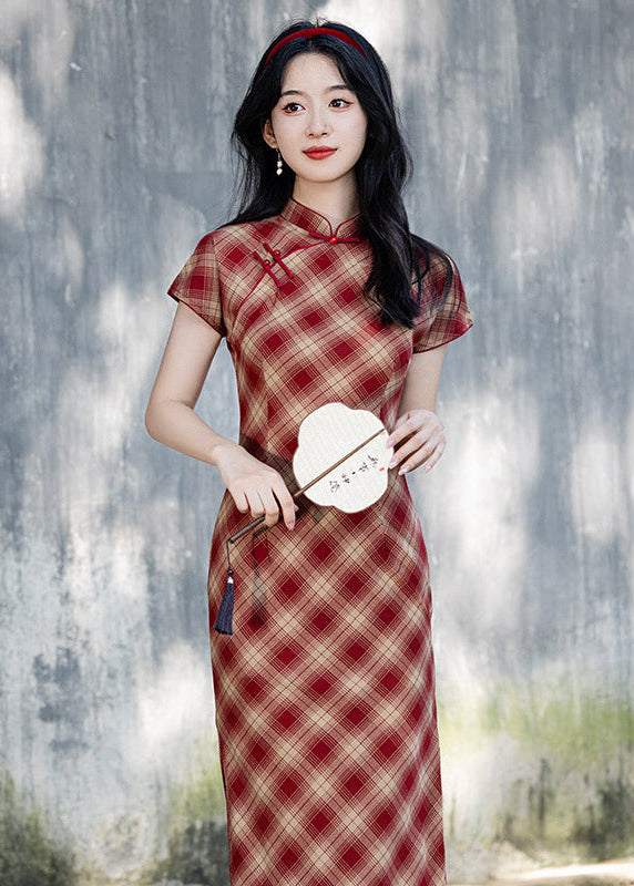 Vintage Red Plaid Qipao | Slim Mandarin Collar Maxi Dress