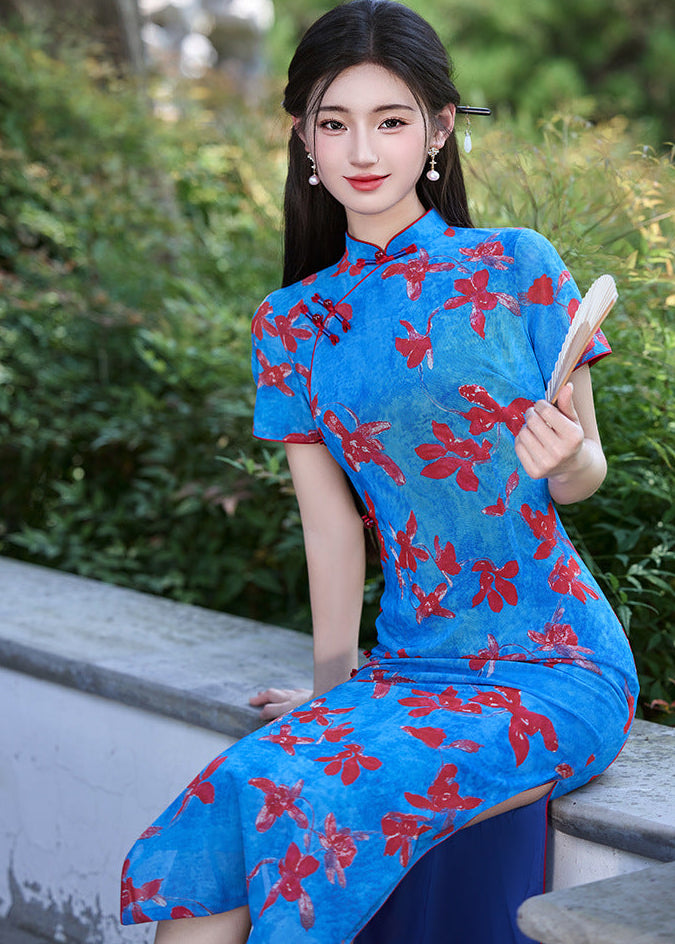 Vintage Blue Qipao Dress | Mandarin Collar Slim Maxi with Side Slit