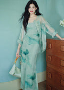 Modern Chinese Ink-Print Two-Piece Set | Sheer Frog-Button Top + Slim Maxi Dress