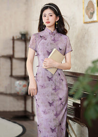 Purple Butterfly Qipao | Slim Mandarin Maxi with Short Sleeves