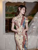 New Chinese Patchwork Print Qipao Dress | Mandarin Collar Short Sleeve Slim Midi Cheongsam