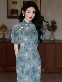 Mist-Blue Butterfly Print Modern Qipao Midi | Mandarin Collar Slim Silhouette