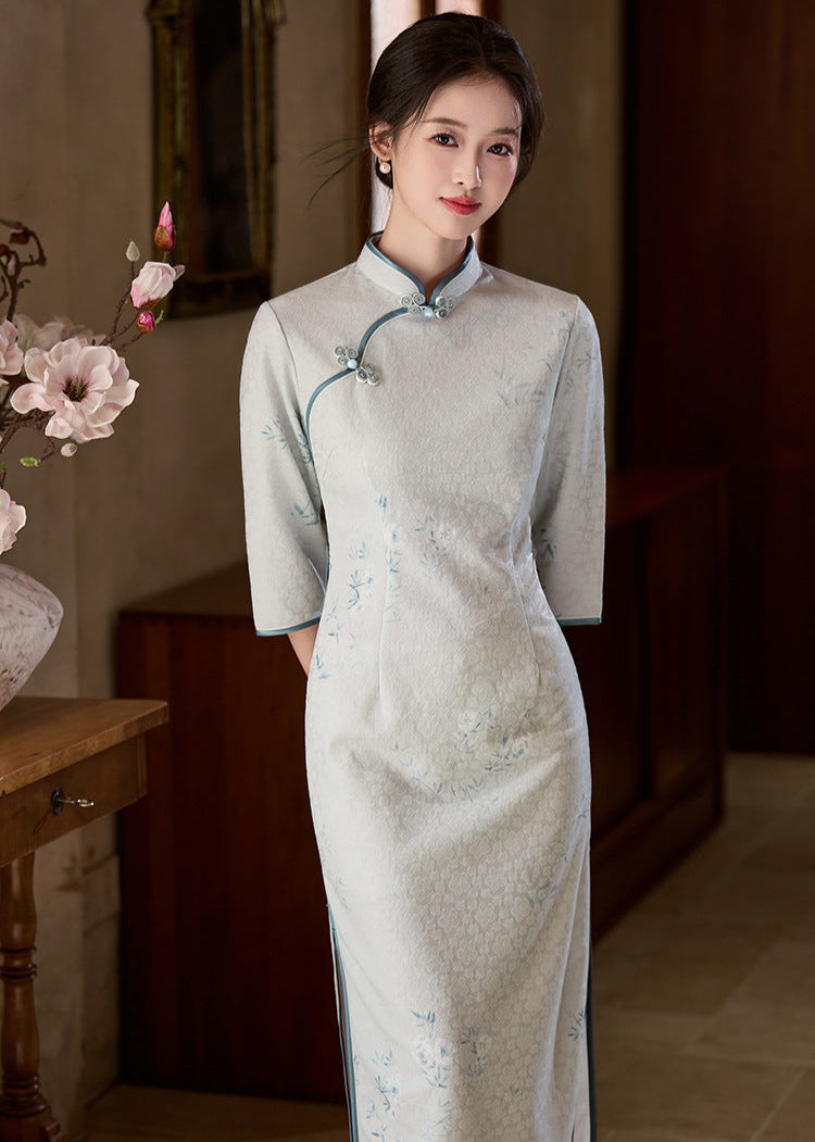 Ice-Blue Jacquard Qipao | 3/4 Sleeve Slim Long Dress
