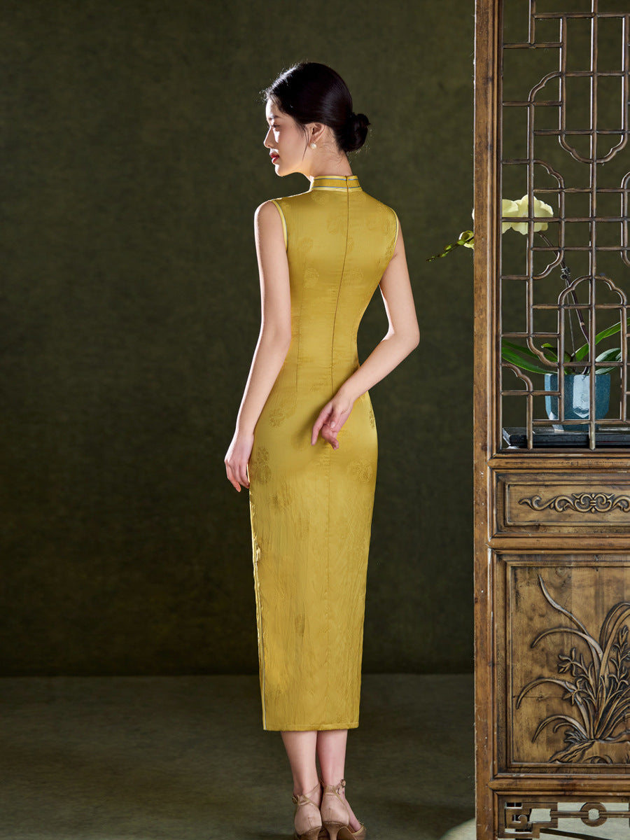 Gold Tonal Jacquard Sleeveless Qipao Dress | Mandarin Collar Slim Midi Cheongsam