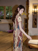 New Chinese Patchwork Print Qipao Dress | Mandarin Collar Short Sleeve Slim Midi Cheongsam