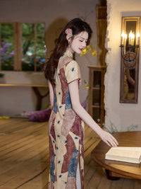 New Chinese Patchwork Print Qipao Dress | Mandarin Collar Short Sleeve Slim Midi Cheongsam