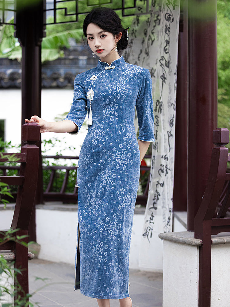 Blue Autumn-Winter Vintage Long-Sleeved Cheongsam Dress