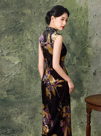 Black Vintage Floral Print Qipao Dress | Sleeveless Mandarin Collar Slim Midi Cheongsam