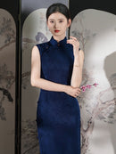 New Chinese Style Blue Sleeveless Full-Front Qipao | Traditional Elegant Floor-Length Design