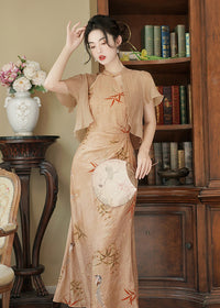 Champagne Apricot Bamboo Print Qipao Dress | Cape Sleeve Mandarin Collar Frog Button Slim Maxi