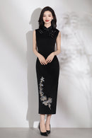 Black Embroidered Modern Qipao Midi | Sleeveless Mandarin Neck, Beaded Frogs