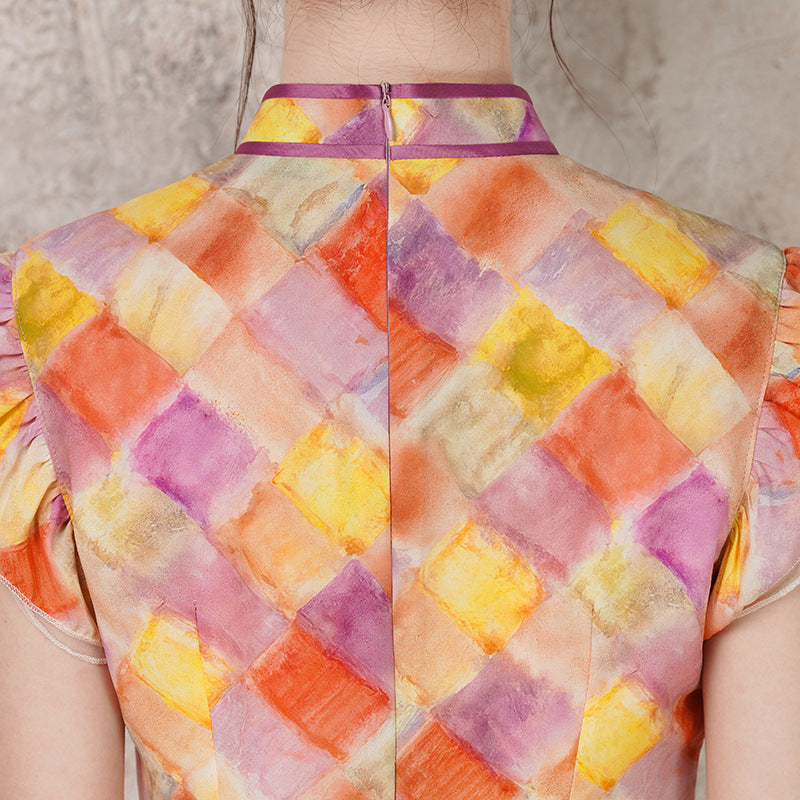 Fashionable Plaid Embroidery Improved Qipao | Colorful Plaid Mandarin Collar Slim Fit Dress