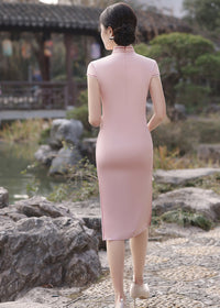 New Chinese Dusty Pink Embroidered Qipao Dress | Mandarin Collar Slim Midi with Side Slit