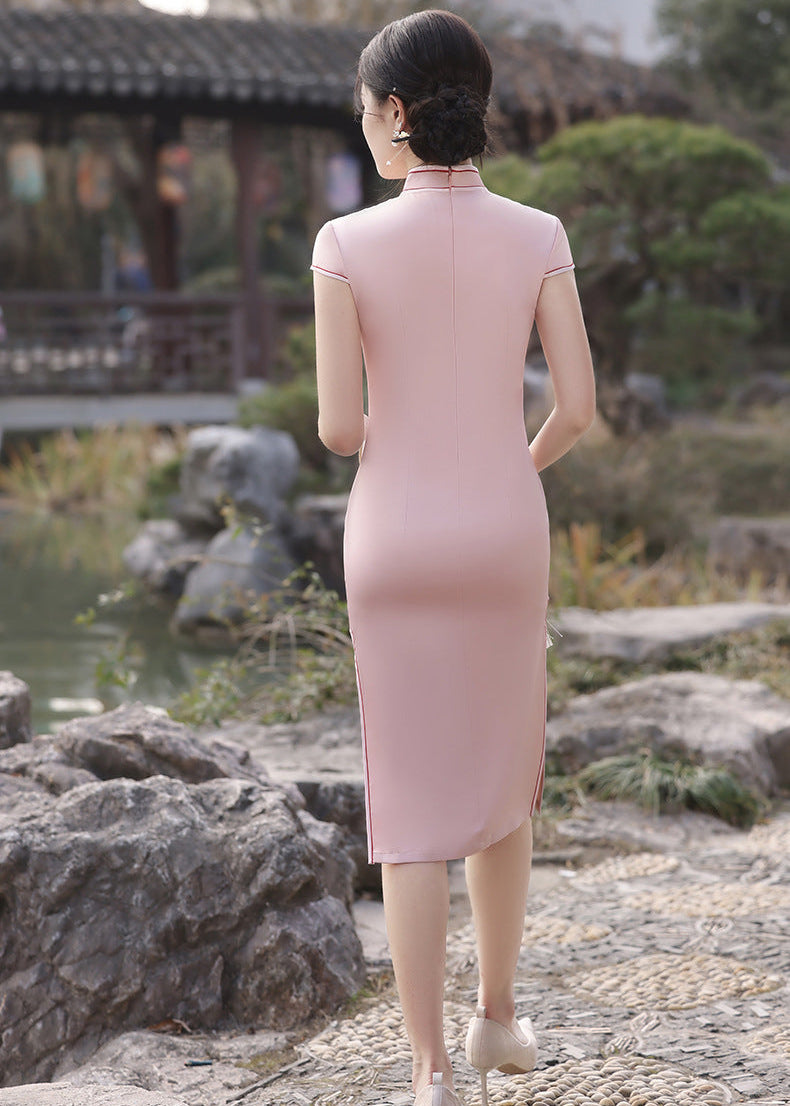 New Chinese Dusty Pink Embroidered Qipao Dress | Mandarin Collar Slim Midi with Side Slit