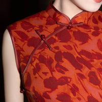 Sleeveless Red Long Qipao | Modern Mandarin Slim Jacquard Gown