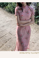 Elegant Pink Cherry Blossom Cheongsam Dress with Delicate Button Detailing
