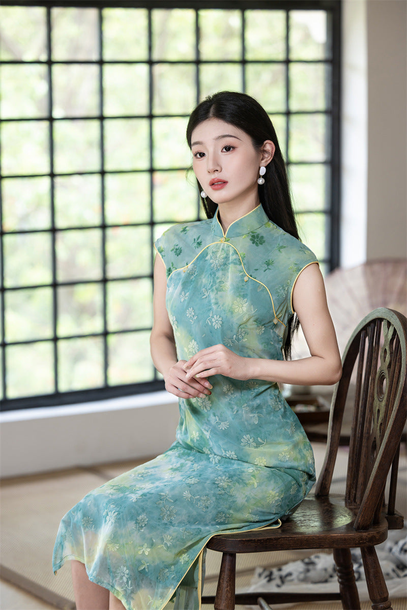 Misty Blue-Green Watercolour Floral Qipao Dress Sleeveless Slim Mandarin Collar Piping