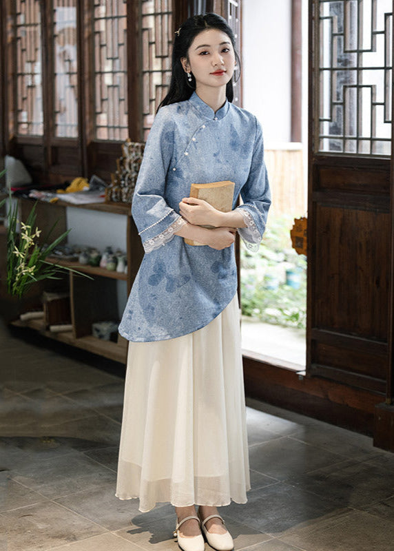 Modern Chinese Long-Sleeve Cinched Dress
