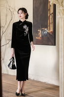 Black Orchid-Embroidered Qipao Midi | Elegant for Banquets