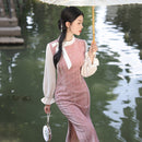 Elegant Pink Cheongsam Dress with White Bow for Hanfu Pairing