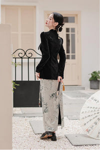 Vintage Velvet Black Top with Embroidered Silk Skirt