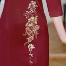 Acetate Stretch Satin Embroidered Qipao Midi | Mandarin Collar