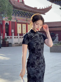 天鹅绒黑色碎花旗袍连衣裙优雅晚装风格