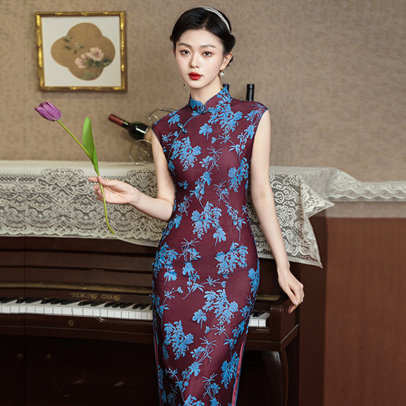 Elegant Burgundy Cheongsam with Blue Floral Embroidery for Traditional Occasions